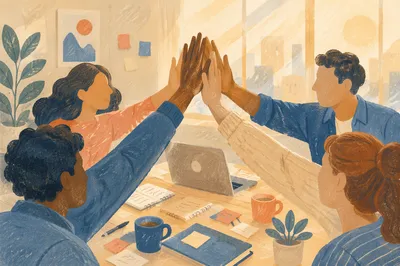 Team High Five Success in Modern Office