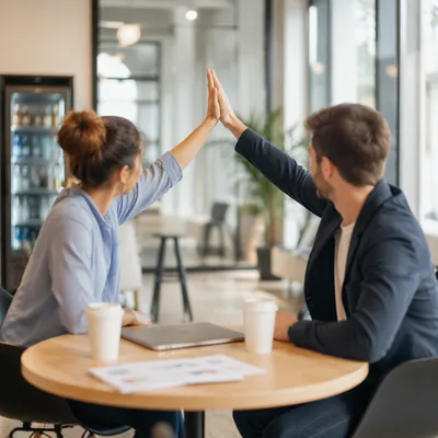 Coworkers High Five in Modern Office Café