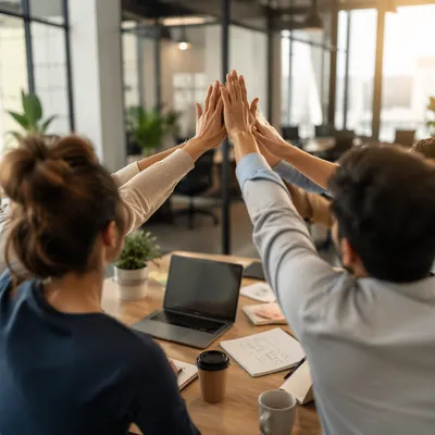 Office Team Celebrating Success with High Five