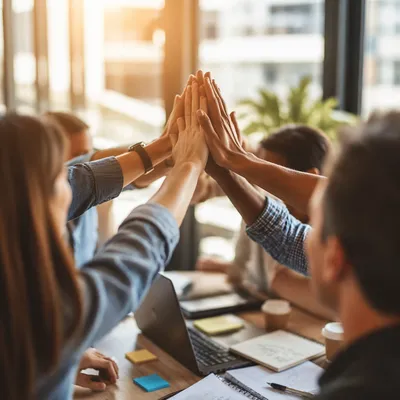 Team High Five Success in Modern Office