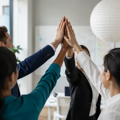 Office Team Celebrating Success with High Five