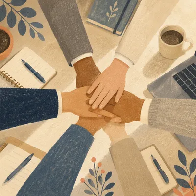 Overhead Team Hands Together on Meeting Table