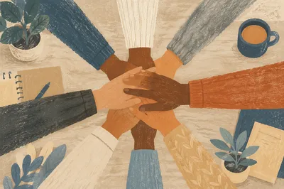 Overhead Team Hands United in Collaboration