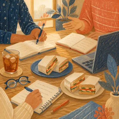 Collaborative Business Lunch Meeting with Sandwiches