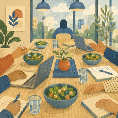 Collaborative Team Lunch Meeting at Conference Table