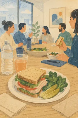 Office Team Lunch Meeting with Sandwiches