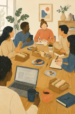 Team Lunch Meeting at Conference Table