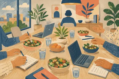 Collaborative Team Lunch on Conference Table