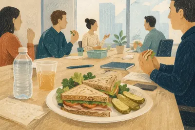 Office Team Lunch Meeting with Sandwiches