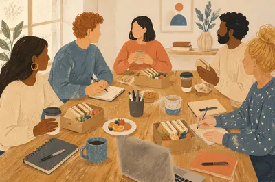 Collaborative Team Lunch Meeting at Conference Table