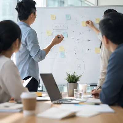 Modern Team Brainstorming Around Whiteboard