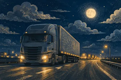 Night Highway Cargo Truck Delivery Scene