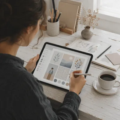Creative Professional Typing on Tablet with Stylus