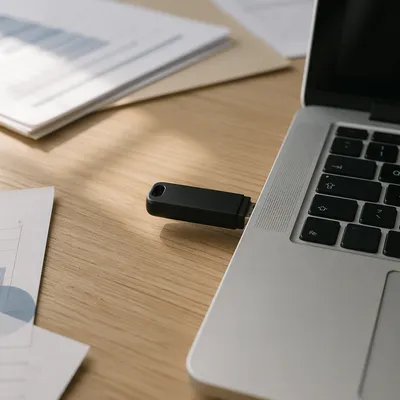USB Drive Connected to Laptop on Desk