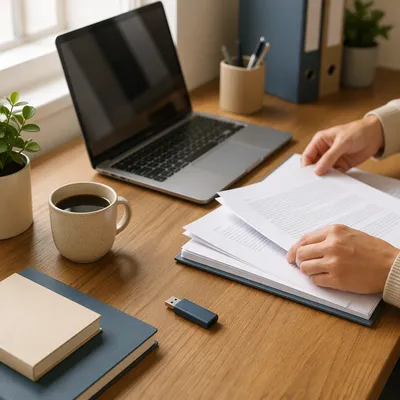 USB Drive and Office Documents Desk Scene