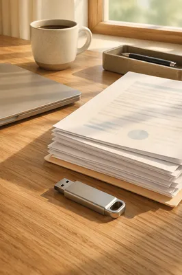USB Drive and Documents Office Desk Scene