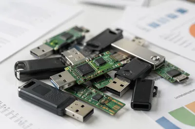 USB Drives and Circuit Boards on Office Desk