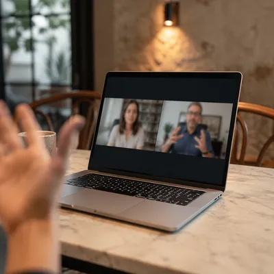 Laptop Video Call in Cozy Workspace
