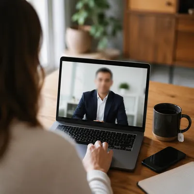 Remote Video Meeting on Laptop Desk