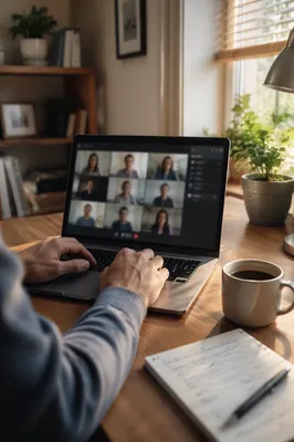 Remote Video Meeting on Laptop Desk