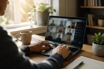 Remote Video Meeting on Laptop Desk