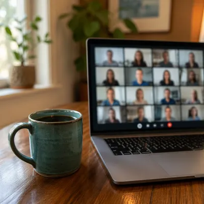 Remote Team Meeting on Laptop with Coffee