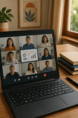 Laptop Video Conference on Wooden Desk