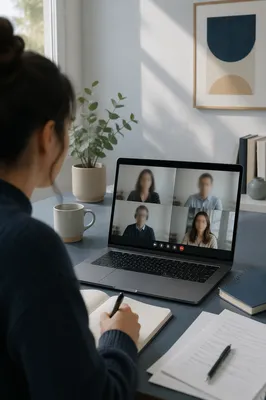 Remote Video Conference on Laptop Desk