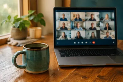 Remote Video Meeting With Teal Coffee Mug