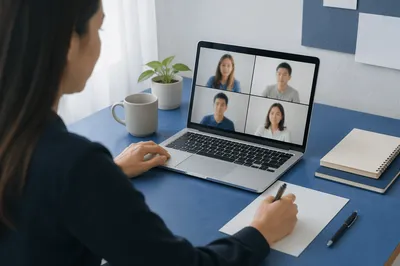 Remote Video Conference on Blue Office Desk