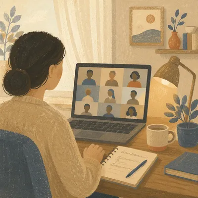 Morning Video Conference in Calm Home Office