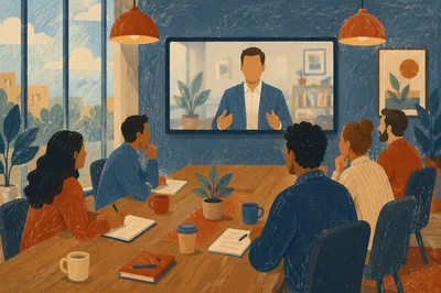 Hybrid Business Meeting in Industrial Conference Room