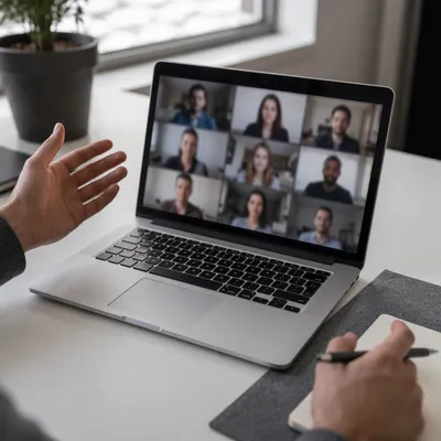 Remote Video Conference Meeting on Laptop Desk
