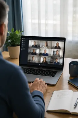 Focused Video Conference on Home Office Laptop