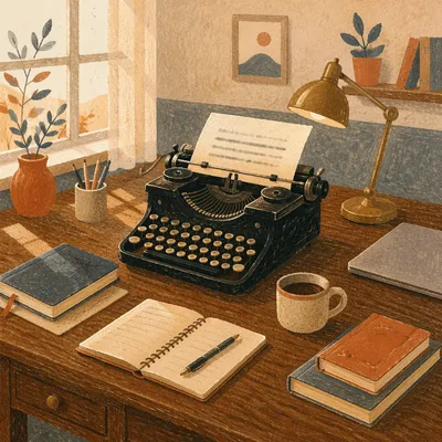 Vintage Typewriter on Walnut Desk Workspace