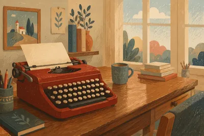 Vintage Red Typewriter on Wooden Writing Desk