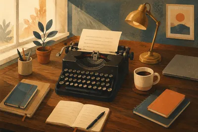 Vintage Typewriter on Walnut Desk Workspace