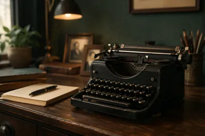 Vintage Typewriter on Wooden Writer Desk