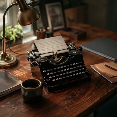 Vintage Typewriter on Walnut Desk Workspace