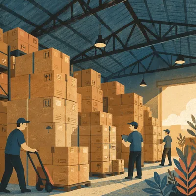 Busy Warehouse Shipping Boxes Under Blue Roof