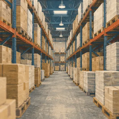 Warehouse Aisle with Shipping Boxes and Pallets