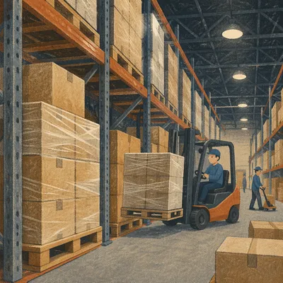 Orderly Warehouse Aisle with Shipping Boxes
