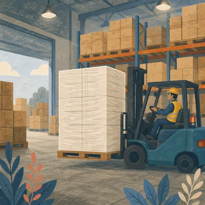Warehouse Forklift Moving Wrapped Shipping Pallet