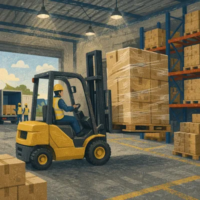 Busy Warehouse Forklift Moving Shipping Boxes