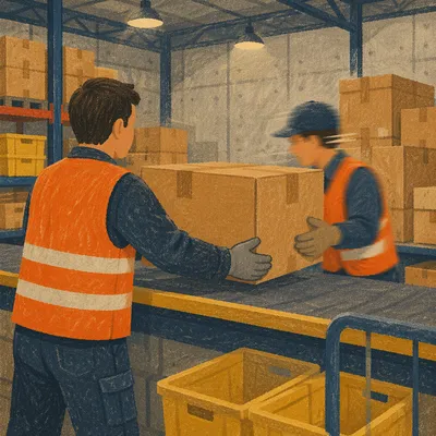 Warehouse Team Passing Cardboard Shipping Box