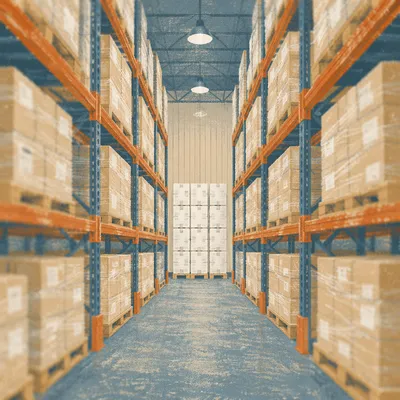 Warehouse Aisle with Stacked Shipping Boxes