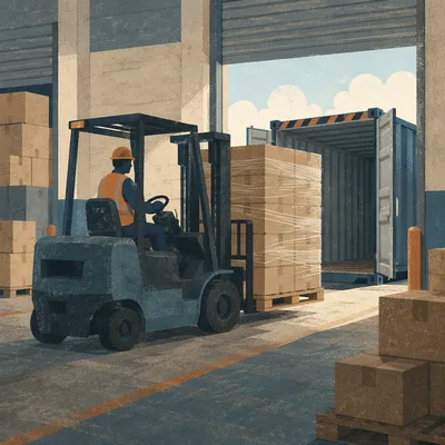 Warehouse Forklift Moving Pallet to Freight Container