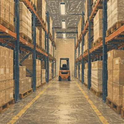 Quiet Warehouse Aisle with Forklift and Boxes