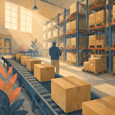 Modern Warehouse Shipping Boxes on Conveyor