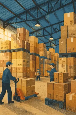 Busy Warehouse Shipping Boxes Under Blue Roof